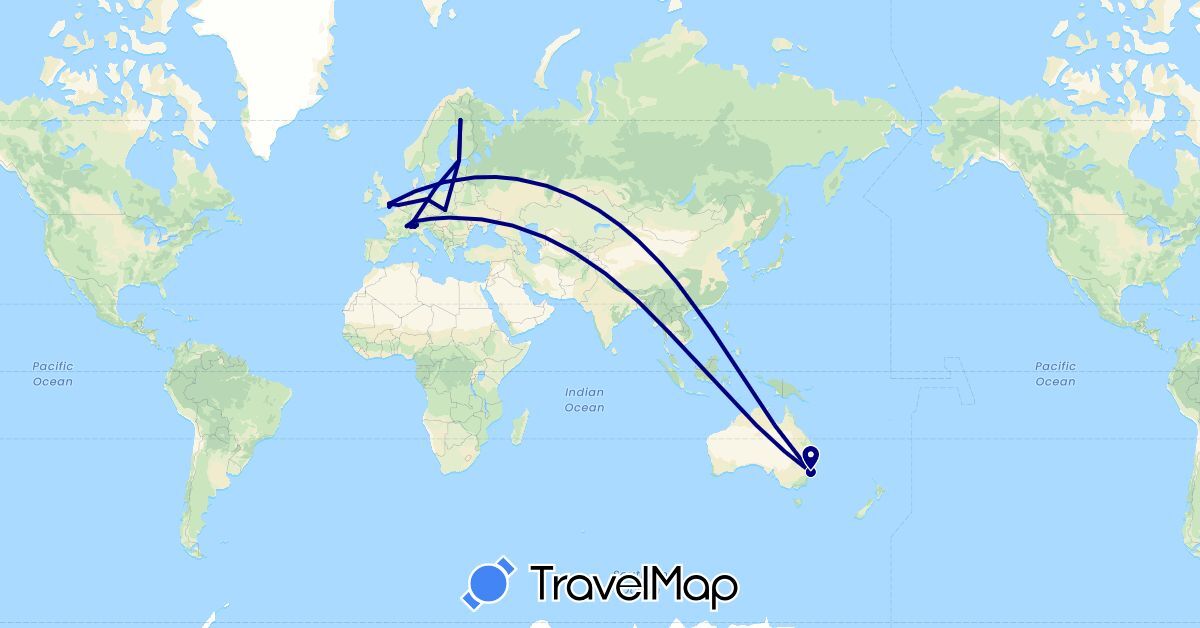TravelMap itinerary: driving in Australia, Belgium, Switzerland, Germany, Finland, United Kingdom, Poland, Thailand (Asia, Europe, Oceania)